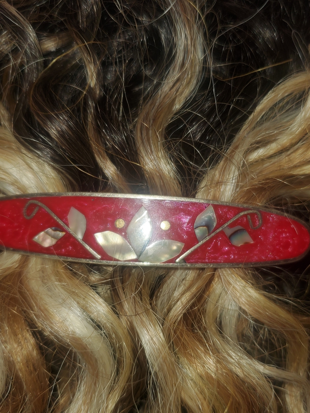 Vintage Mexican Alpaca Silver Red Enamel & Mother of Pearl Inlay Hair Barrette